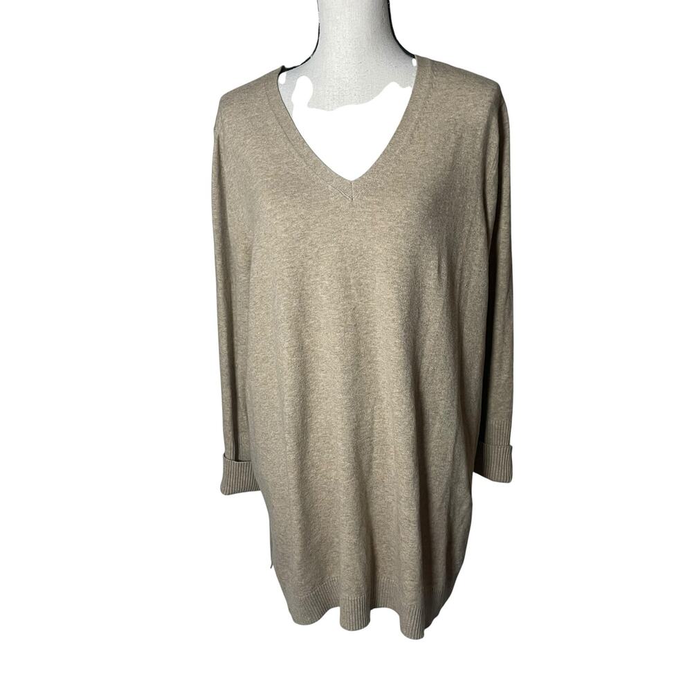 J.Jill V Neck Tunic Sweater Cotton Blend Camel Size 2X Capsule Wardrobe Neutral